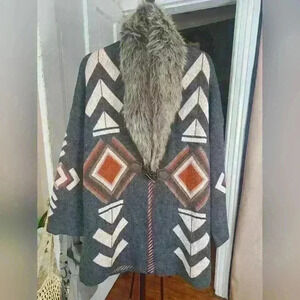 ROCKIN'C Faux Fur Collar Knit Cardigan Southwestern Sweater Size M